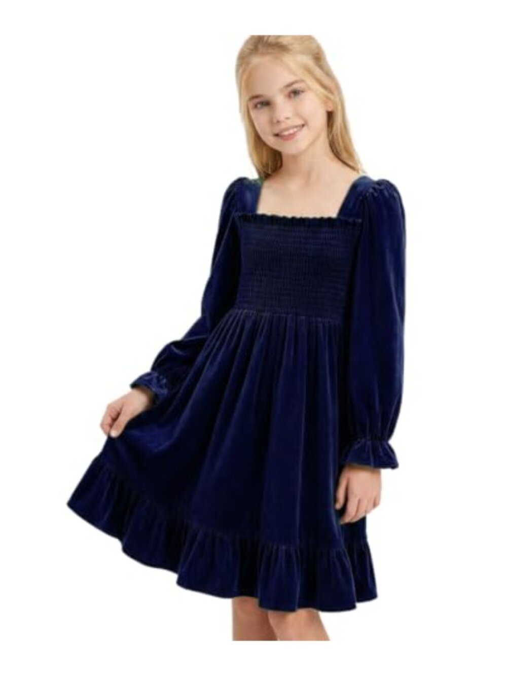 Girls Korean Velvet Dress 5-12 Years | Smocked Chest Puff Sleeve Formal